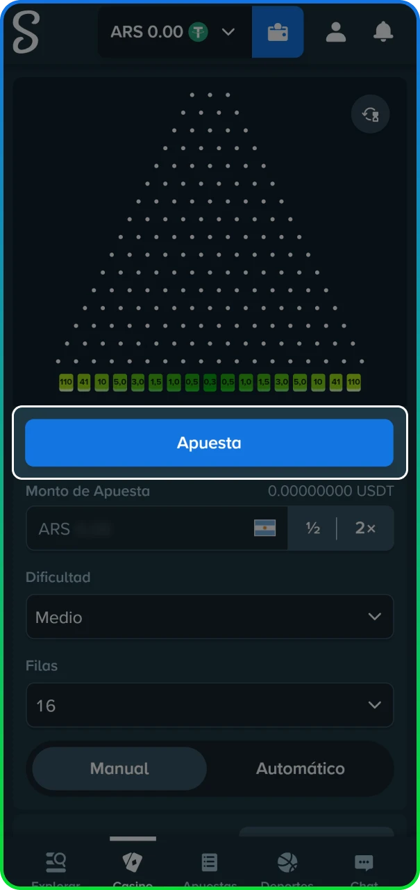 Mecánica de inicio de ronda en el juego Plinko del sitio oficial de Stake Argentina.