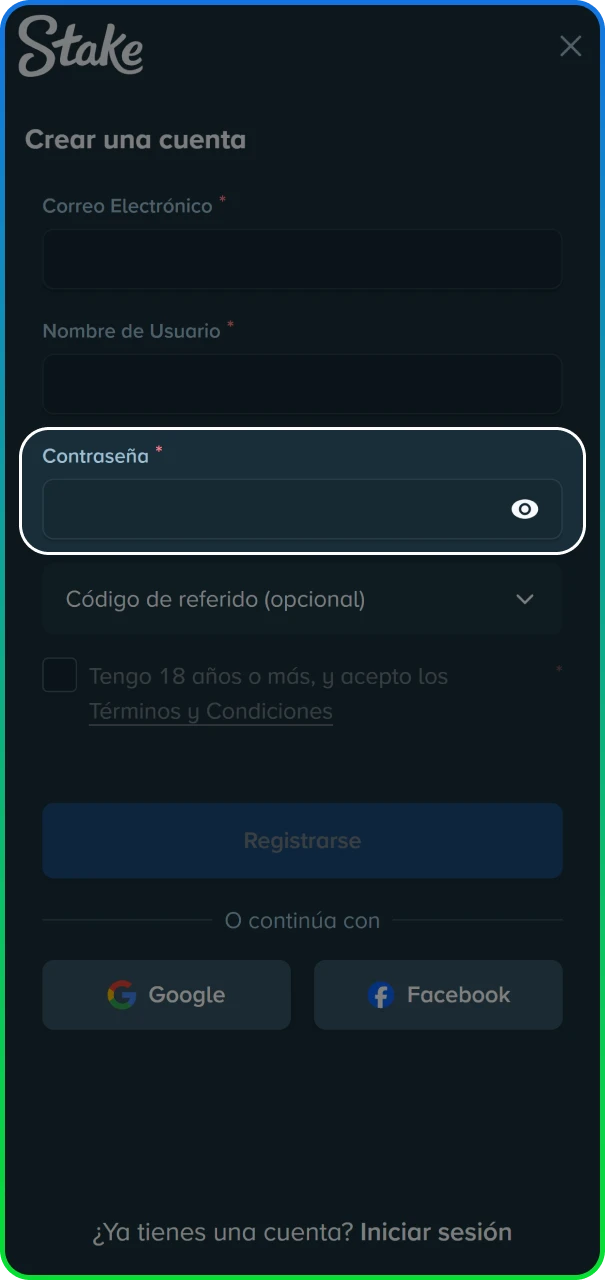 Creación de credenciales y uso de códigos promocionales en el sitio oficial de Stake.