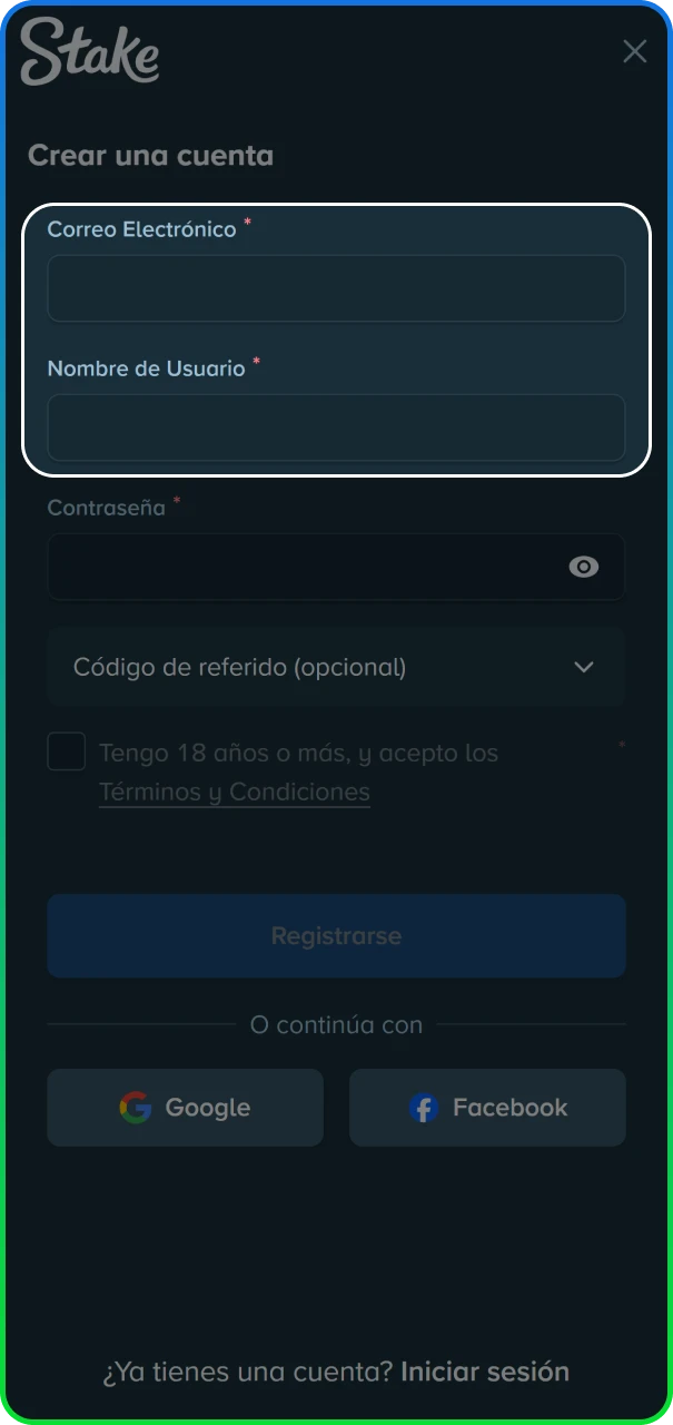 Ingreso de información personal básica en el sitio oficial de Stake Argentina.