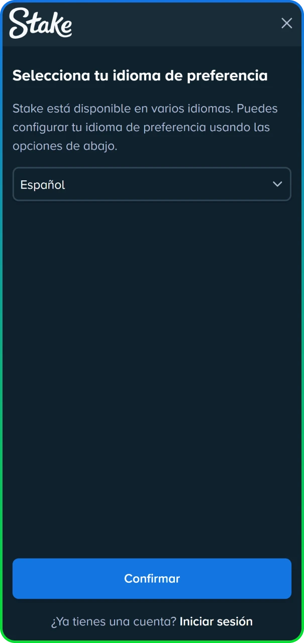 Configuración de idioma para la interfaz de usuario en el sitio oficial de Stake Argentina.
